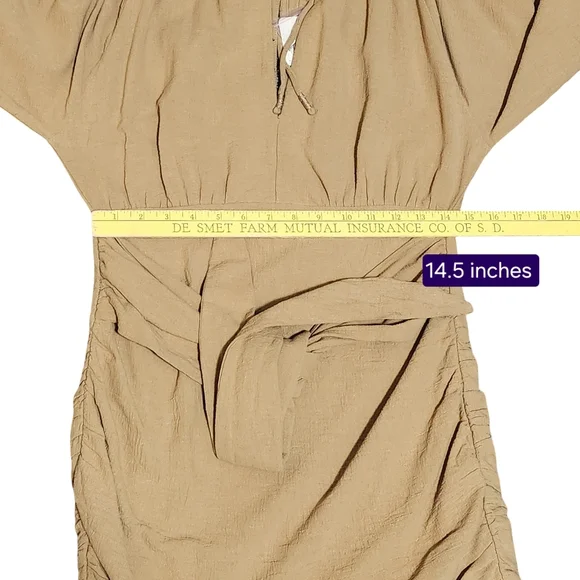 FREE PEOPLE The Only One Mini Dress Womens Small Tan Long Sleeve Ruched Tie Boho - Picture 12 of 16